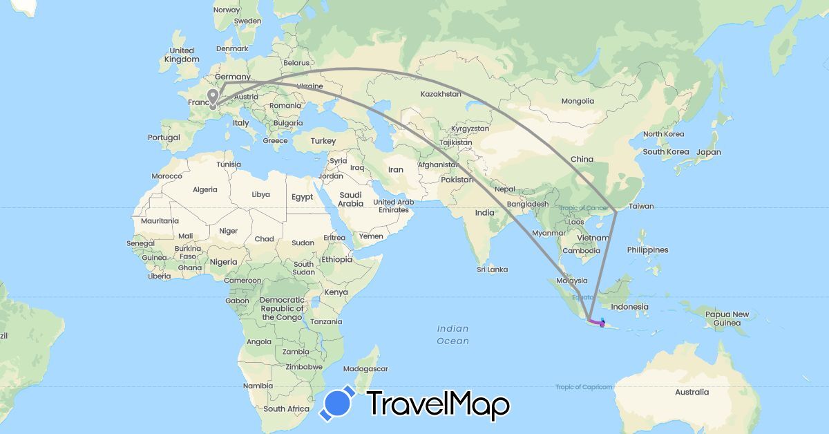 TravelMap itinerary: driving, bus, plane, train, boat in China, Germany, France, Indonesia, Singapore (Asia, Europe)